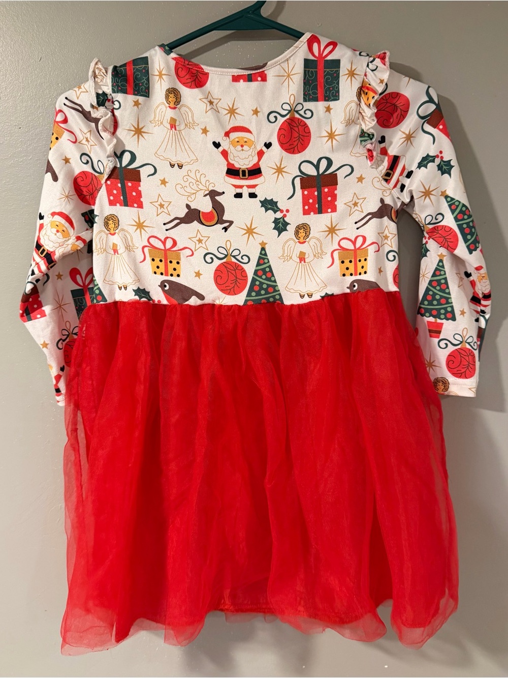 Carlos Santana Red and White Holiday Tulle Dress with Festive Print
